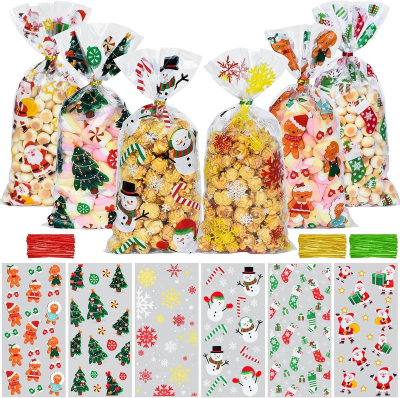 Tindobewan Christmas Treat Bags, 120Pcs Xmas Cellophane Goodie Bags with Twist Ties for Snacks Cookies Candy Gift Packing, Christmas Party Favors Supplies（10.6 x 5.1 Inches） - Image 1